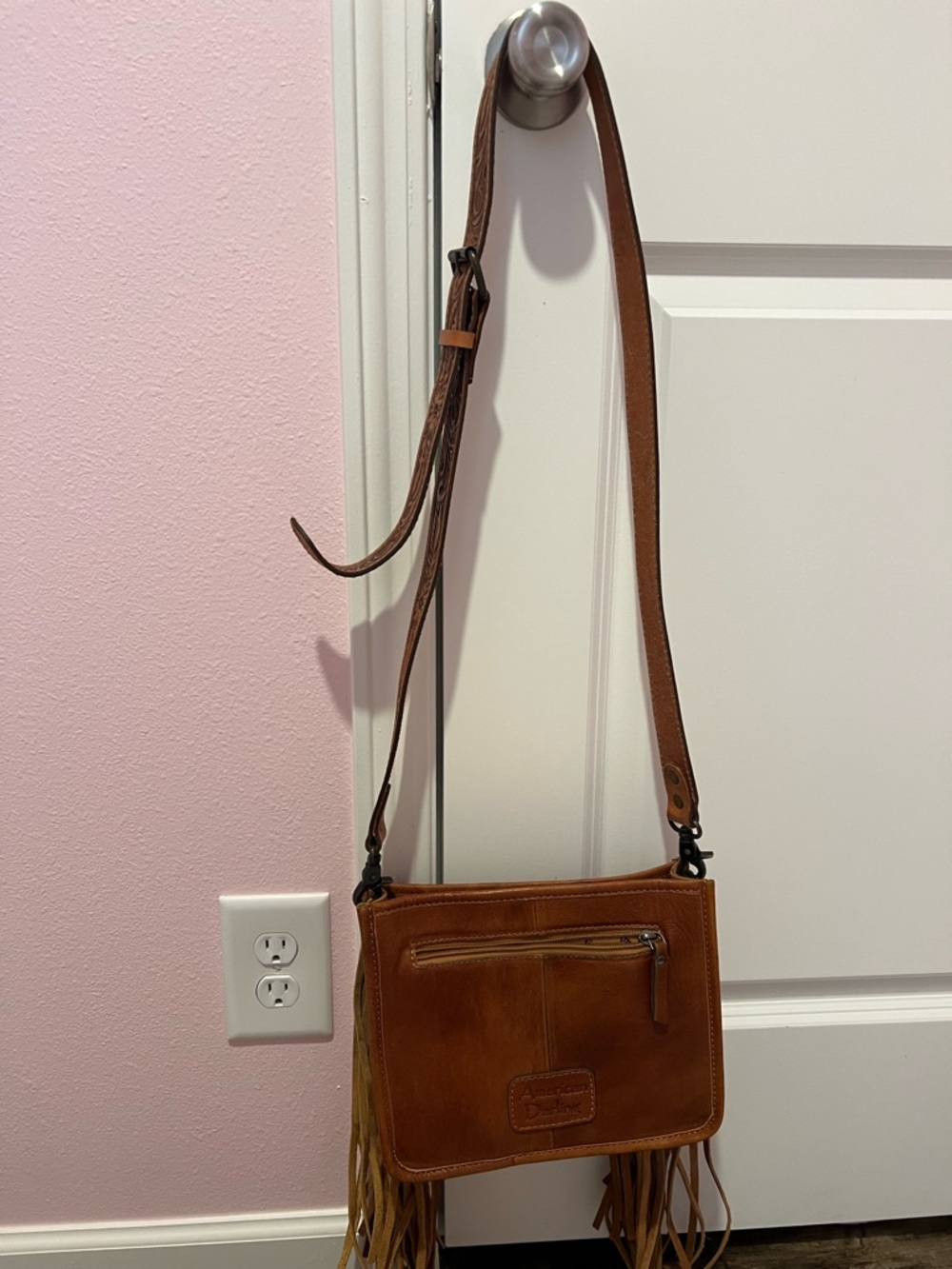 American Darling Tooled Floral Leather Fringe Crossbody - Tan/Brown - Picture 3 of 6